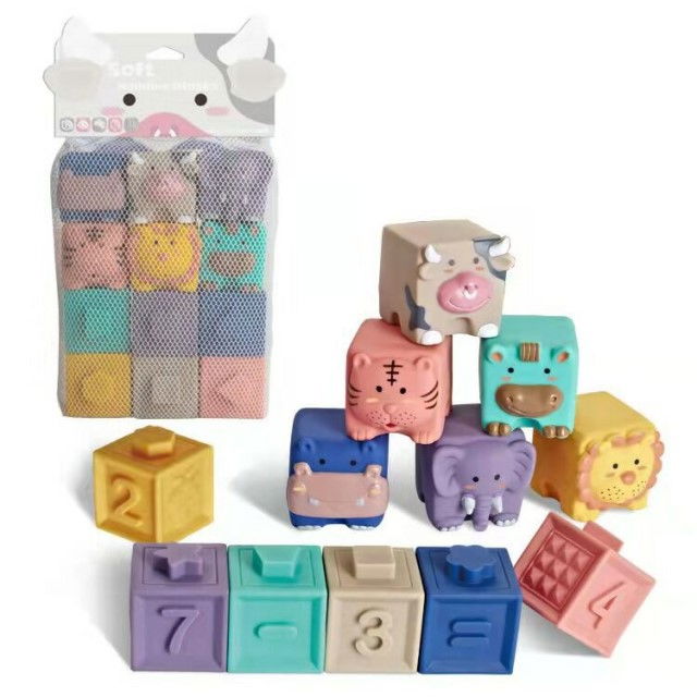 Set 12 cuburi de construit din silicon, jucarie educationala colorata, Empria, Animale si Cifre [6]