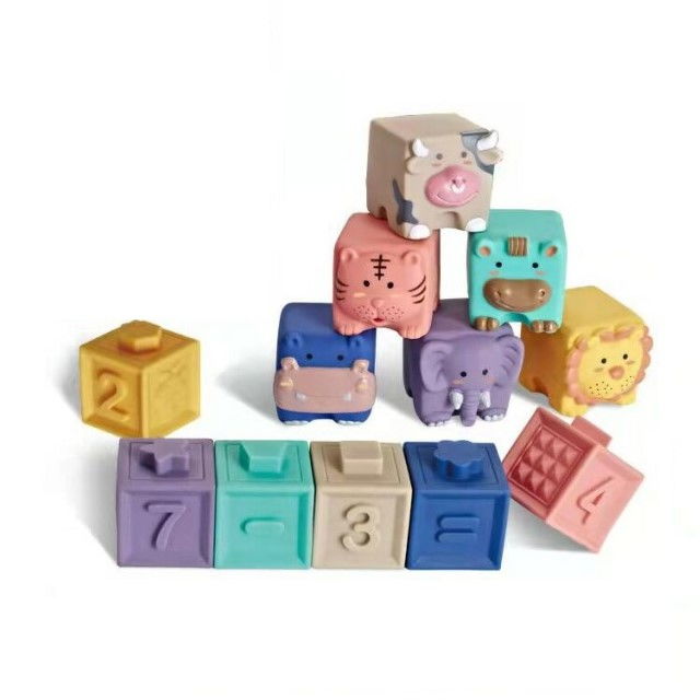 Set 12 cuburi de construit din silicon, jucarie educationala colorata, Empria, Animale si Cifre [18]