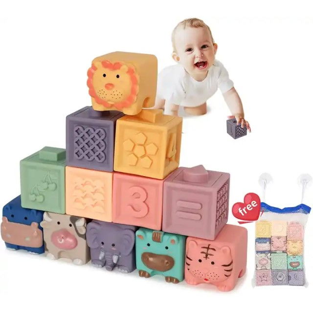 Set 12 cuburi de construit din silicon, jucarie educationala colorata, Empria, Animale si Cifre [12]