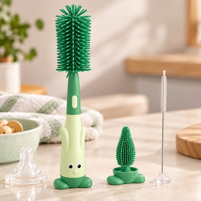 Set 3 perii din silicon pentru biberoane, tetine, suzete, paie, bebelusi, din silicon, fara BPA, Empria, Verde [6]