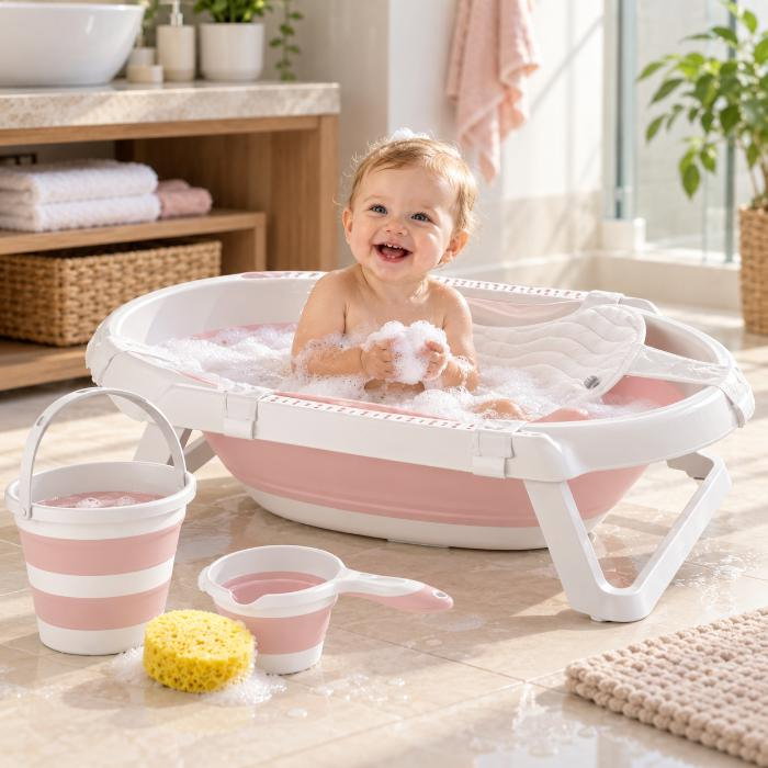 Set de baie cu 5 piese si cadita pliabila Babyjem, Roz [1]