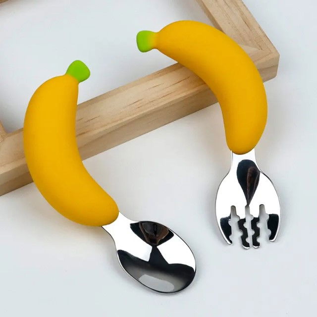 Set hranire bebelusi si copii, stangaci dreptaci sau ambidextri, farfurie silicon si tacamuri metalice, silicon fara alergeni, Empria, Maimutica, Galben [3]