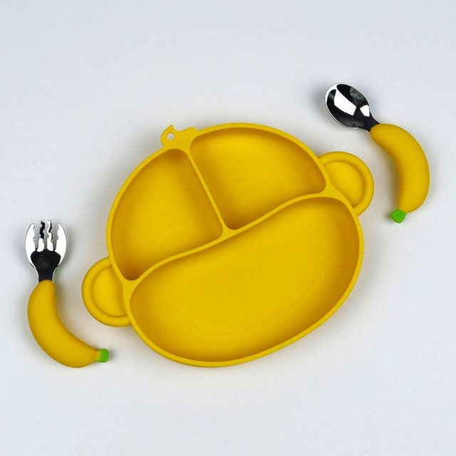 Set hranire bebelusi si copii, stangaci dreptaci sau ambidextri, farfurie silicon si tacamuri metalice, silicon fara alergeni, Empria, Maimutica, Galben [5]