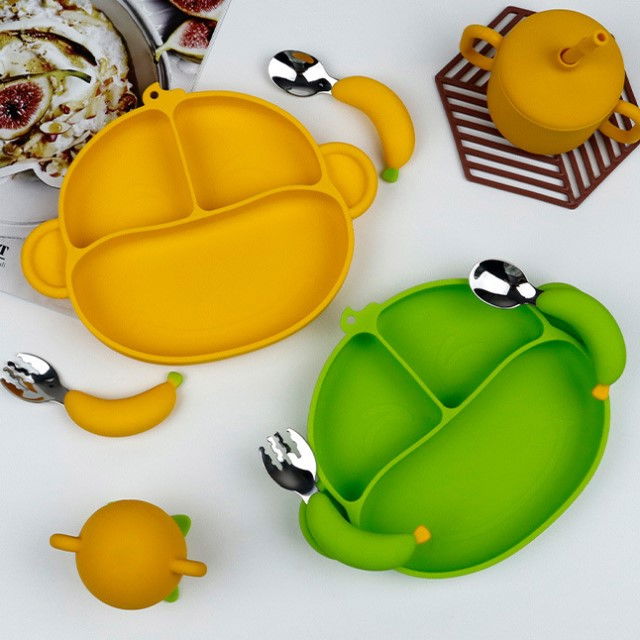 Set hranire bebelusi si copii, stangaci dreptaci sau ambidextri, farfurie silicon si tacamuri metalice, silicon fara alergeni, Empria, Maimutica, Diverse culori [8]