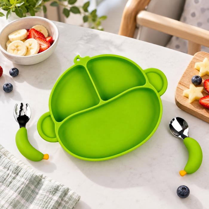 Set hranire bebelusi si copii, stangaci dreptaci sau ambidextri, farfurie silicon si tacamuri metalice, silicon fara alergeni, Empria, Maimutica, Diverse culori [6]