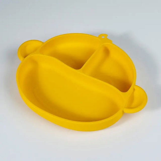 Set hranire bebelusi si copii, stangaci dreptaci sau ambidextri, farfurie silicon si tacamuri metalice, silicon fara alergeni, Empria, Maimutica, Galben [2]