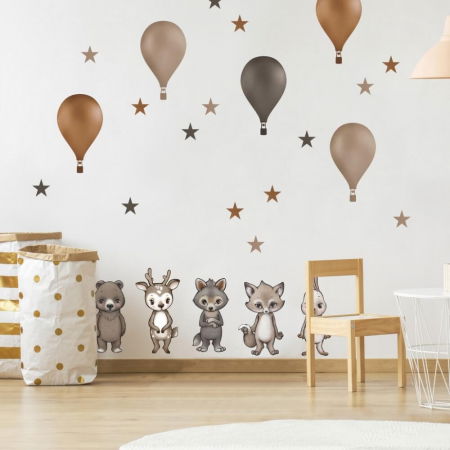 Stickere decorative si covorase - Animale din padure cu baloane in culori maro