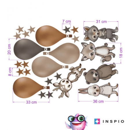 Stickere decorative si covorase - Animale din padure cu baloane in culori maro