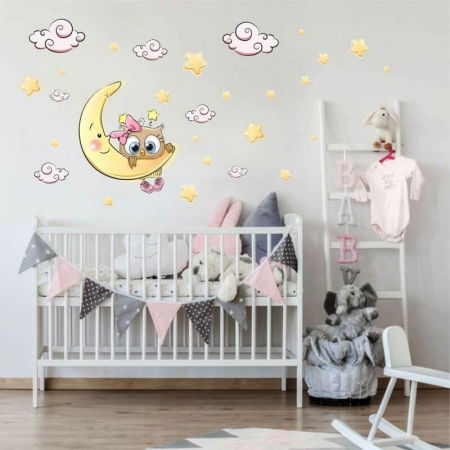 Stickere decorative - Autocolant - Bufnita roz pe luna + nori si stele, 60 x 50 cm