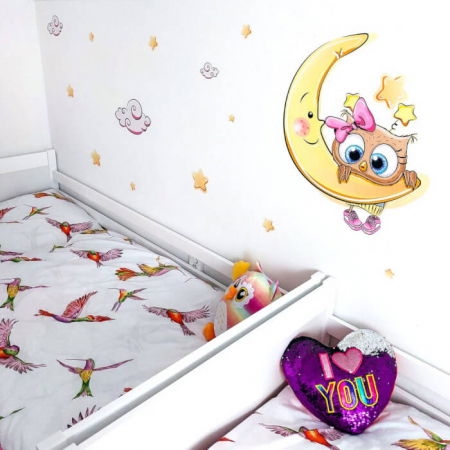 Autocolant - Bufnita roz pe luna + nori si stele, 60 x 50 cm [2]