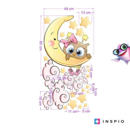 Stickere decorative - Autocolant - Bufnita roz pe luna + nori si stele, 60 x 50 cm