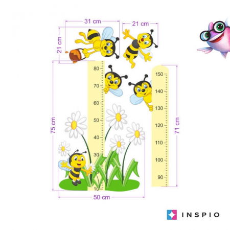 Stickere decorative - Autocolant - Metru de masurare a cresterii cu albine 150 cm, Galben