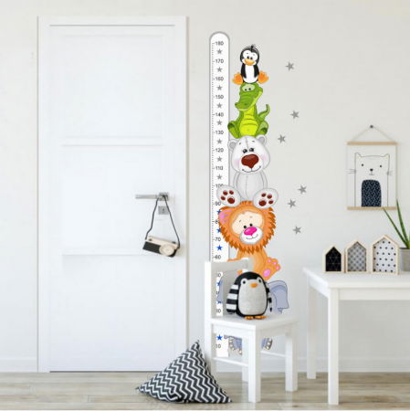 Stickere decorative - Autocolant - metru de masurare a inaltimii cu animale II - 180cm, 45 x 188 cm metru gri-alb