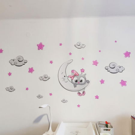 Autocolant pentru camera copiilor - pui de bufnita roz-gri + nori si stele, Luna 60x50cm [4]