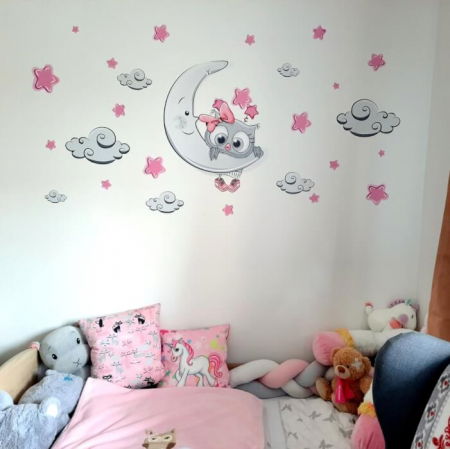 Autocolant pentru camera copiilor - pui de bufnita roz-gri + nori si stele, Luna 60x50cm [2]