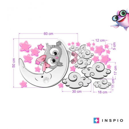 Stickere decorative - Autocolant pentru camera copiilor - pui de bufnita roz-gri + nori si stele, Luna 60x50cm