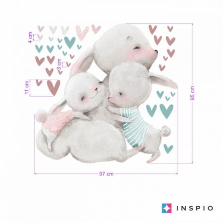 Stickere decorative - Autocolant pentru perete acuarela - Familie de iepurasi cu inimioare