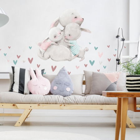 Stickere decorative - Autocolant pentru perete acuarela - Familie de iepurasi cu inimioare