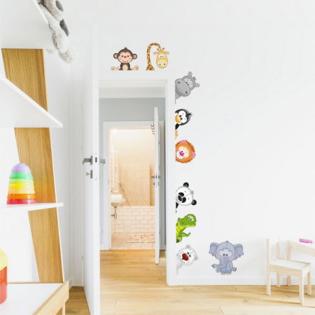 Stickere decorative - Autocolant pentru perete - Animale de la zoo in jurul usii, set 9 buc, de la 14 la 29 cm pe partea dreapta