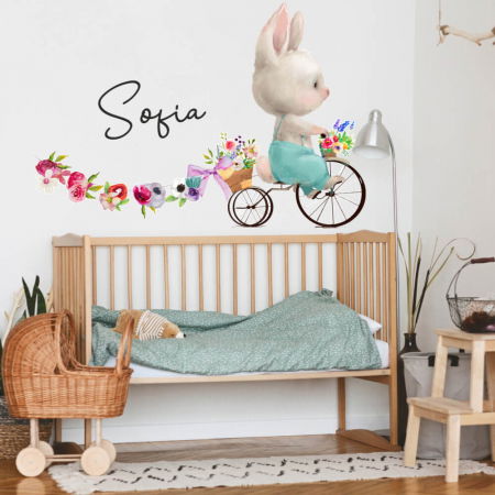 Stickere decorative - Autocolant pentru perete cu nume - Iepuras cu flori