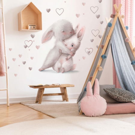 Stickere decorative si covorase - Autocolant pentru perete in acuarela - Iepurasi imbratisati