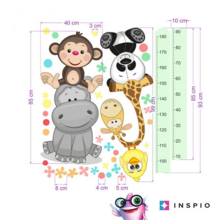 Stickere decorative - Autocolant pentru perete - Metru de masurare a inaltimii copiilor cu animale fericite - 180 cm, 45x187 cm metru verde