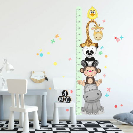 Stickere decorative - Autocolant pentru perete - Metru de masurare a inaltimii copiilor cu animale fericite - 180 cm, 45x187 cm metru verde