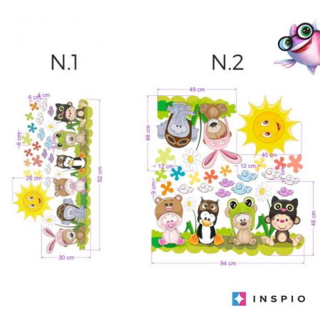Stickere decorative - Autocolant pentru perete - Prieteni pe pajiste + accesorii, 30 x 95 cm