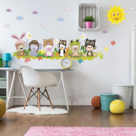 Stickere decorative - Autocolant pentru perete - Prieteni pe pajiste + accesorii, 30 x 95 cm