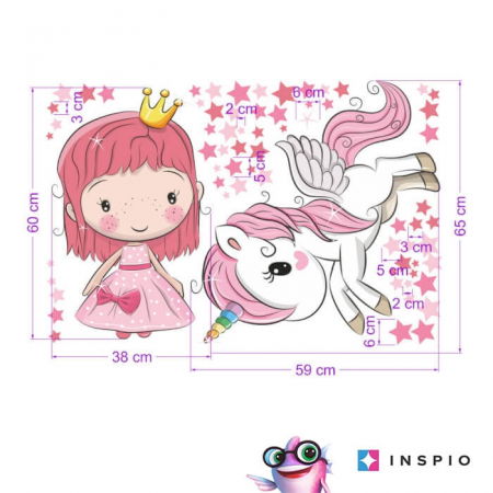 Stickere decorative - Autocolant - Printesa si unicorn + stele, printesa 60 x 38 cm, unicorn 68 x 55 cm