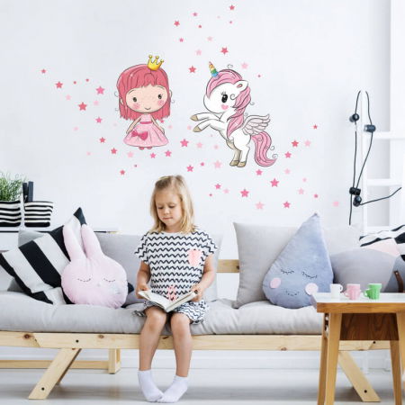 Stickere decorative - Autocolant - Printesa si unicorn + stele, printesa 60 x 38 cm, unicorn 68 x 55 cm