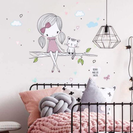 Stickere decorative si covorase - Autocolant zana pe o ramura cu un pisoi mov, 81 x 94 cm