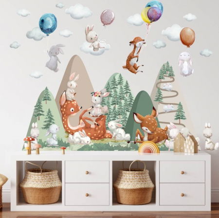 Stickere decorative si covorase - Autocolante de perete pentru copii - Dealuri cu Cerbi si Iepurasi