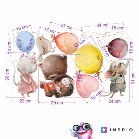 Stickere decorative si covorase - Autocolante deasupra patului - animale cu baloane in culori pastel