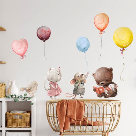 Stickere decorative si covorase - Autocolante deasupra patului - animale cu baloane in culori pastel