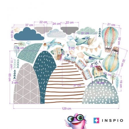 Stickere decorative - Autocolante pentru perete - Dealuri, avioane, baloane si tren, 100 x 130 cm
