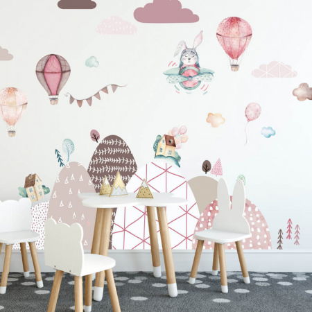 Stickere decorative - Autocolante pentru perete - Dealuri si baloane roz, 100 x 130 cm