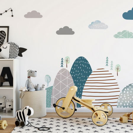 Stickere decorative - Autocolante pentru perete - Dealuri si nori, 100 x 90 cm