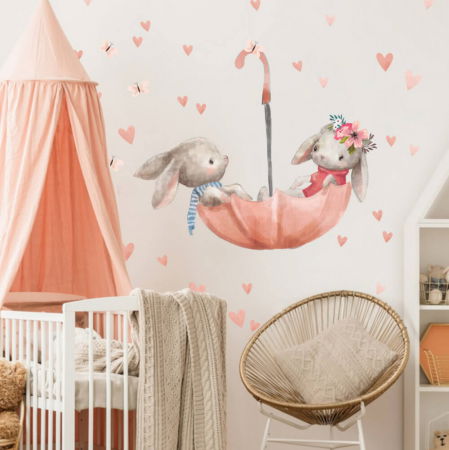 Stickere decorative si covorase - Autocolante pentru perete in stil acuarela - Iepurasi pe o umbrela, Roz
