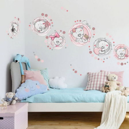 Stickere decorative - Autocolante pentru perete - Ursuleti cu nume roz