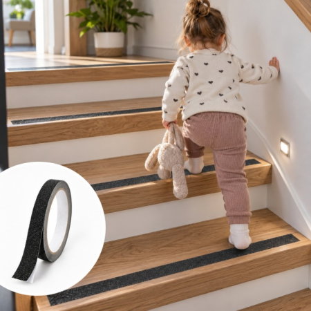 Protectii utile - Banda antialunecare cu autoadeziv pentru trepte, rezistenta la apa, PVC,  500 cm lungime x 2.5 cm latime