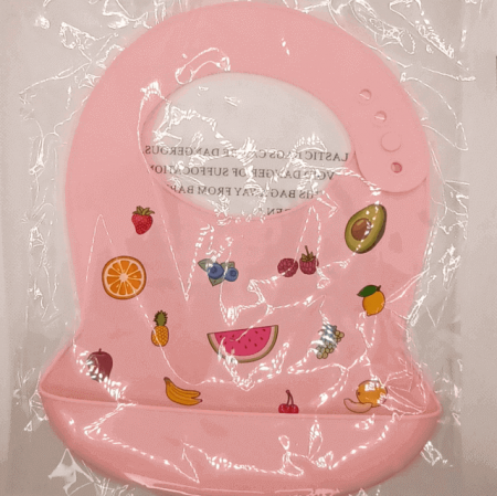 Bavetica din silicon pentru diversificare bebelusi, cu buzunar, baveta cauciuc bebe, Empria, Fructe, Roz [4]