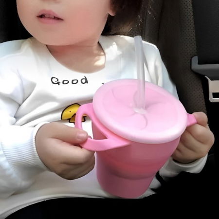 Cana din silicon 2 in 1, pentru gustari si apa, cu capac anti-varsare, Empria, Roz [3]