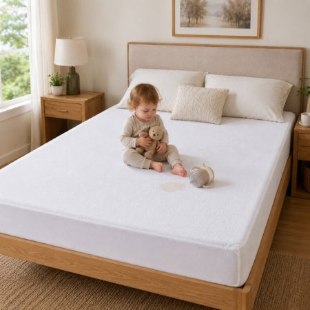 Perne si saltele bebelusi - Cearceaf impermeabil alb cu elastic, husa protectie saltea tip prosop, 160x200x40 cm