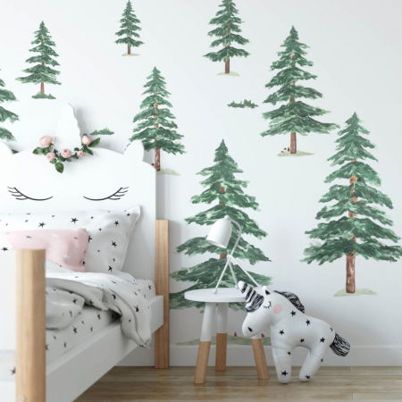 Stickere decorative - Copaci mici - Autocolante pentru perete + accesorii, 8 buc,Verde