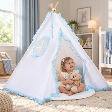 Tarcuri copii / bebelusi - Cort de joaca pentru copii, cort teepee, stil indian, Empria, 110x110x110 cm, Alb/Bleu