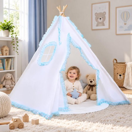 Cort de joaca pentru copii, cort teepee, stil indian, Empria, 110x110x110 cm, Alb/Bleu [3]