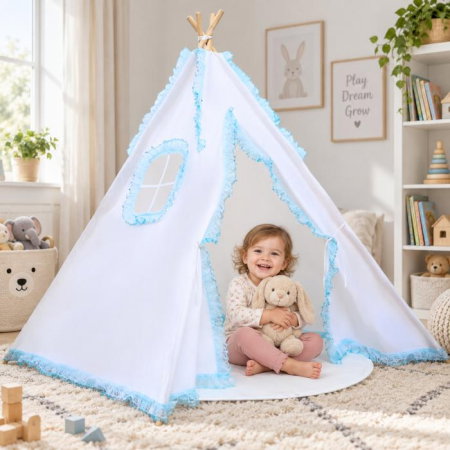 Cort de joaca pentru copii, cort teepee, stil indian, Empria, 110x110x110 cm, Alb/Bleu [6]