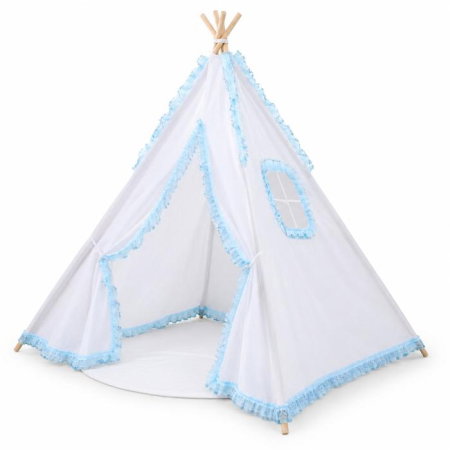 Tarcuri copii / bebelusi - Cort de joaca pentru copii, cort teepee, stil indian, Empria, 110x110x110 cm, Alb/Bleu