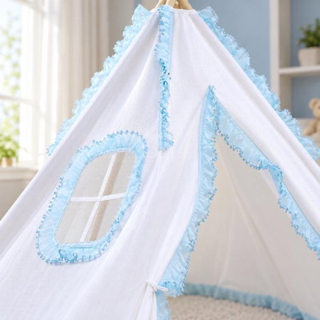 Cort de joaca pentru copii, cort teepee, stil indian, Empria, 110x110x110 cm, Alb/Bleu [2]